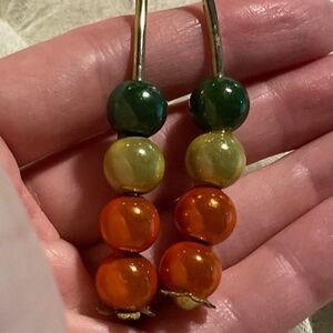 Interesting Green, Yellow, Orange Moonglow Design Gold Tone Drop Earrings